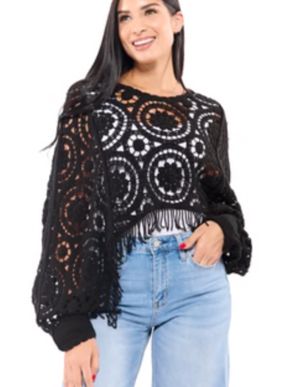 BiBi Black Crochet Fringe Long-Sleeve Hoodie